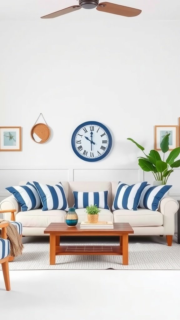 Living room featuring navy blue and white striped pillows on a couch.