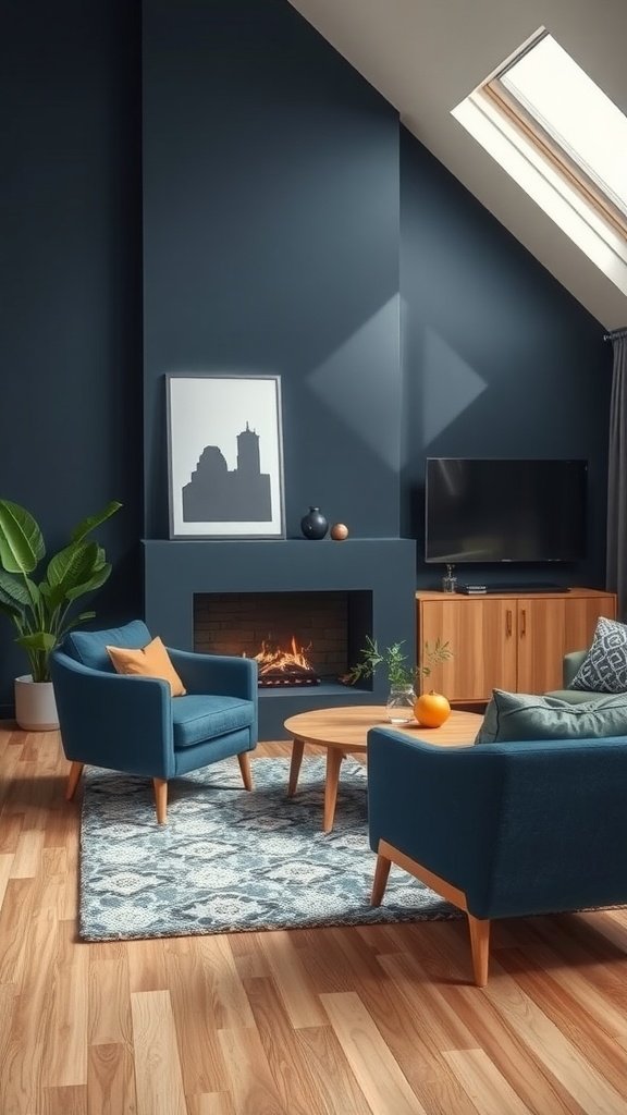 A cozy navy blue living room with wooden accents and a warm atmosphere.