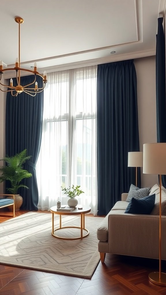 A stylish living room featuring navy blue curtains, a light sofa, and a round coffee table.