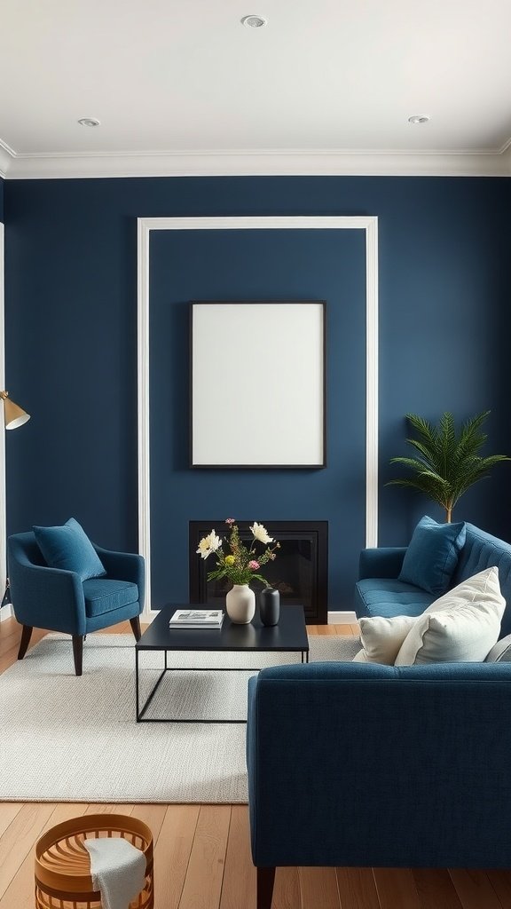 Minimalist navy blue living room with a navy sofa, black coffee table, and light accents.