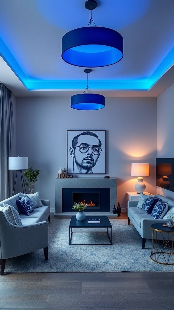 Stylish navy blue lighting fixtures in a modern living room with a blue couch.