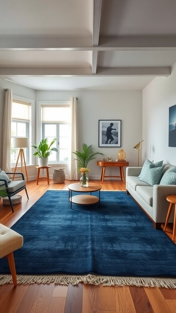 Stylish navy blue rug in a cozy living room setup.