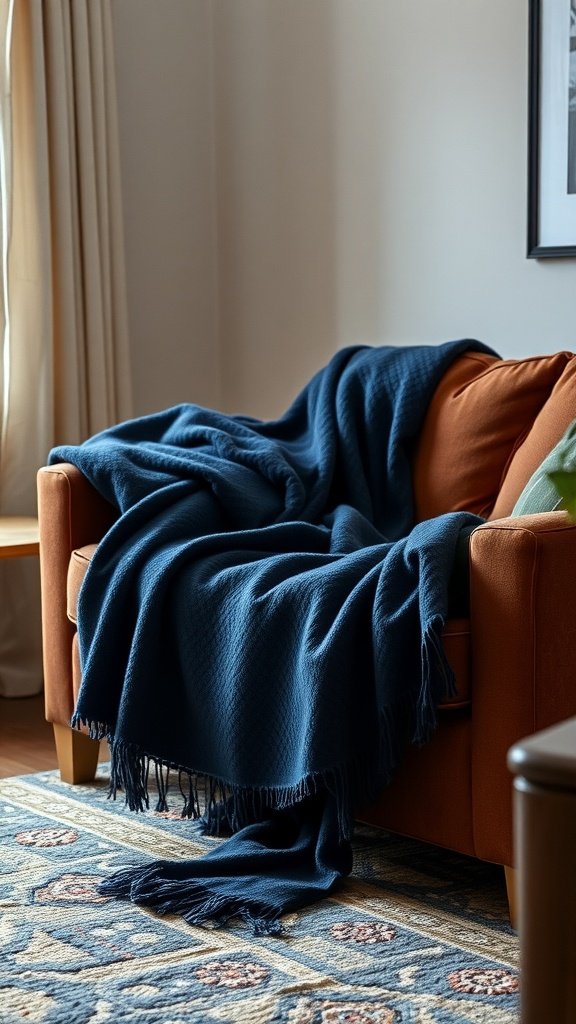 A navy blue throw blanket draped over a couch, enhancing the cozy living room atmosphere.