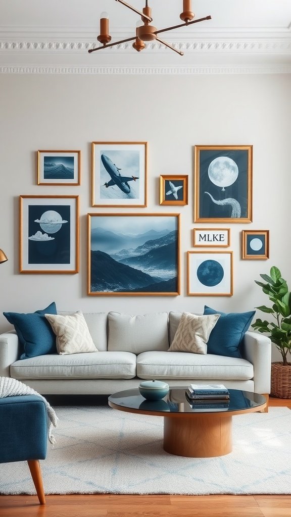 A stylish navy blue living room featuring wall art and a navy sofa.