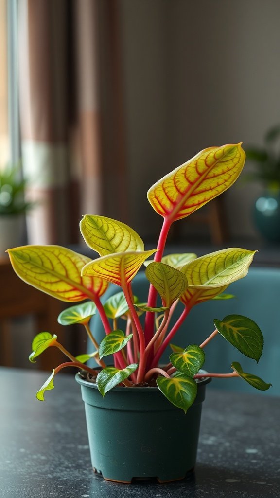 A vibrant nerve plant with intricate leaf patterns in a pot on a table.