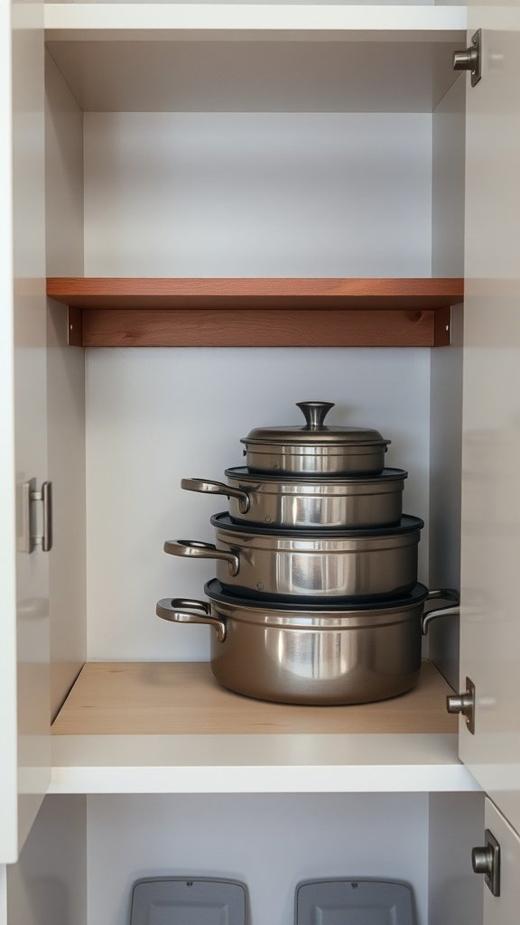 Nesting cookware stacked neatly in a kitchen cabinet.