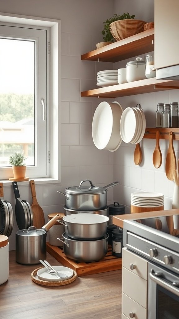 A cozy kitchen corner with neatly stacked nesting pots and pans on a wooden shelf, showcasing a modern kitchen setup.