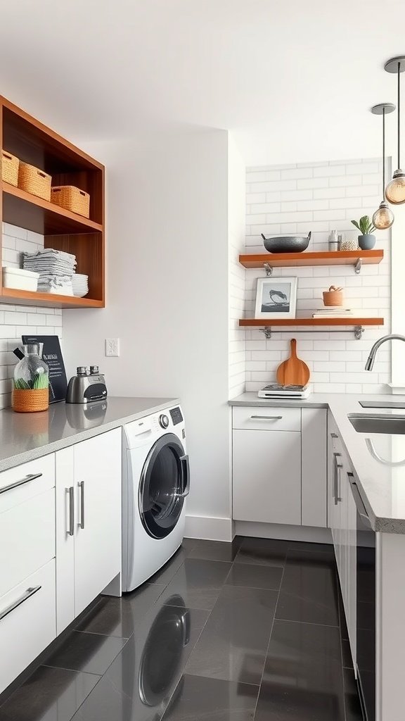 Modern open concept laundry room with white cabinets and decorative shelves