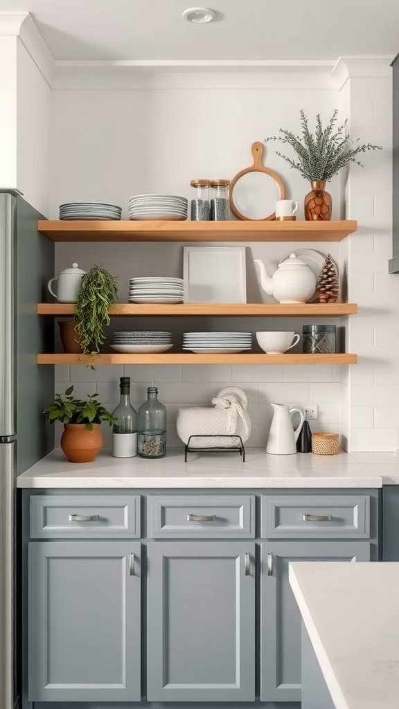 Open shelving in a modern kitchen displaying plates and decorative items.