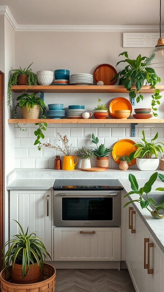 A modern kitchen with open shelves displaying colorful plates and plants.