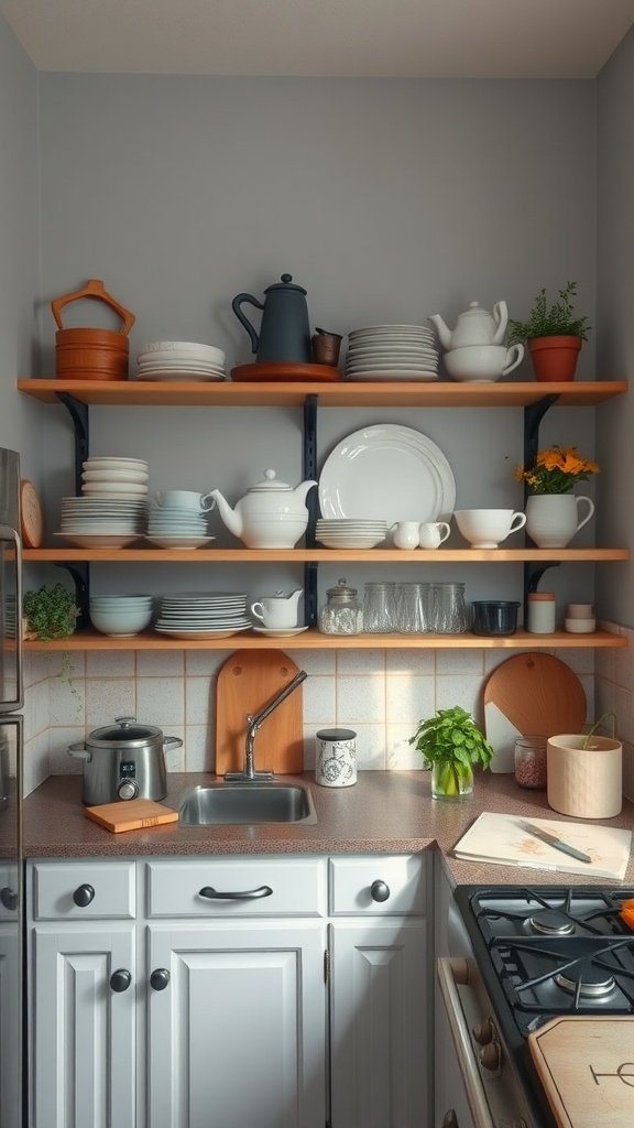 Open shelving displaying various kitchen items like plates, pots, and plants.