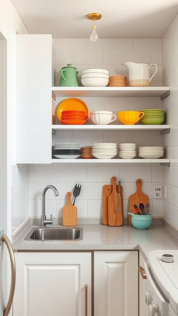 A modern tiny home kitchen featuring open shelving with various colorful dishes and kitchen tools.