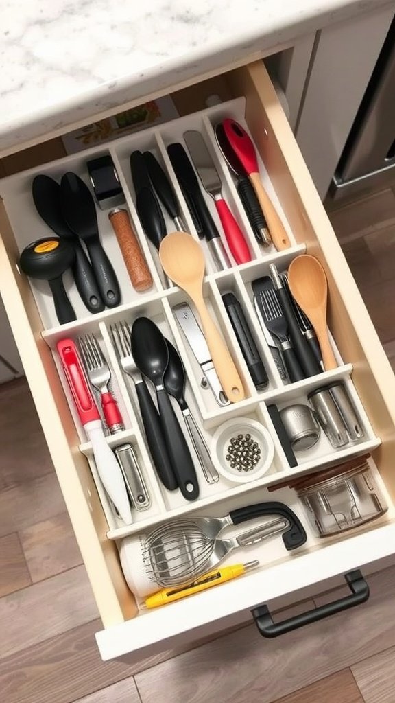 Organized kitchen drawer showing various utensils and tools.