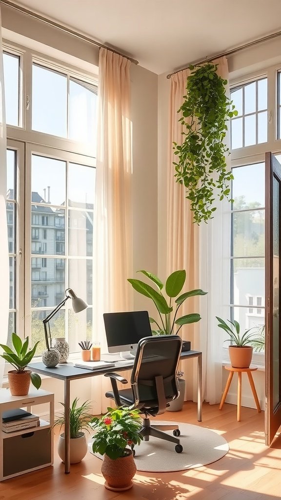 Bright feminine home office with natural light and plants