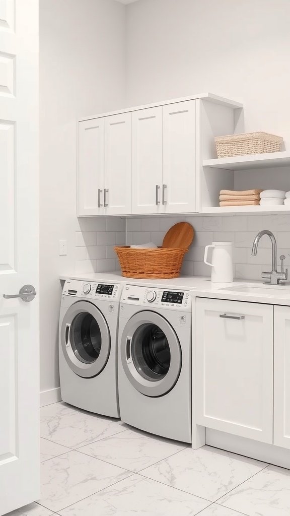 A small laundry room featuring a rose gold washer and dryer, wood shelves, and a clean layout.
