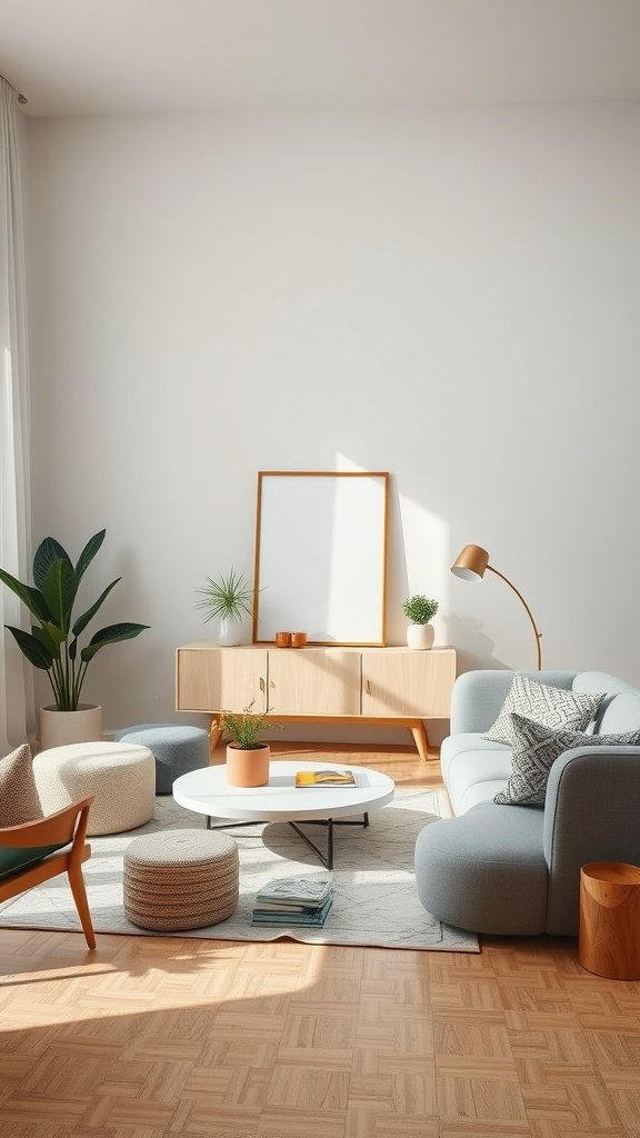 A cozy living room featuring organic shapes in decor, with an olive couch and soft furnishings.