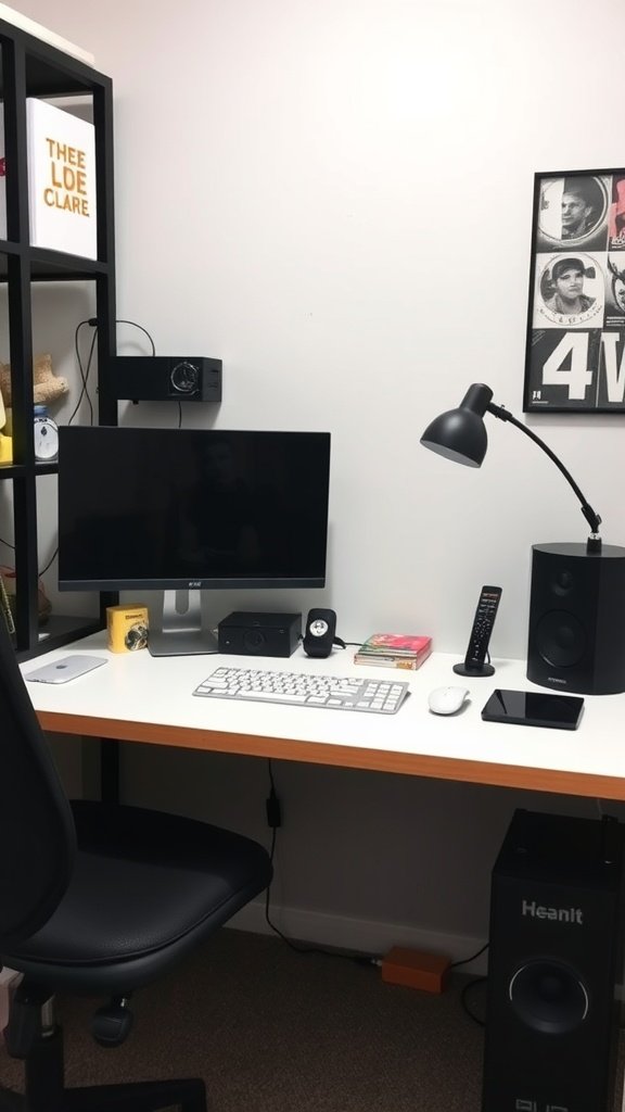 A small, organized home office setup with a computer, lamp, and minimal accessories.