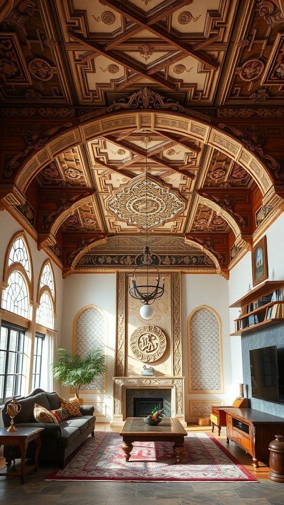 Living room with ornate ceiling beams and traditional design elements.