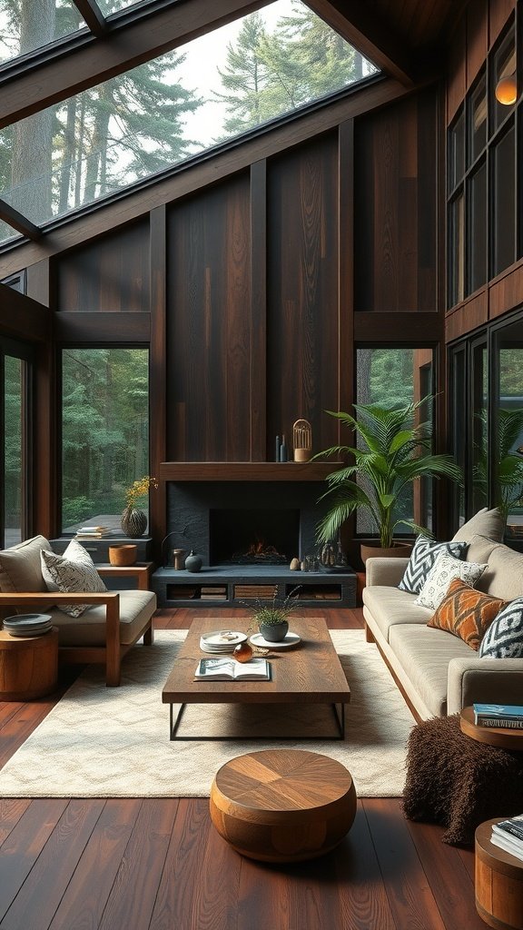 A cozy living room with dark wood accents, a fireplace, and large windows letting in natural light.