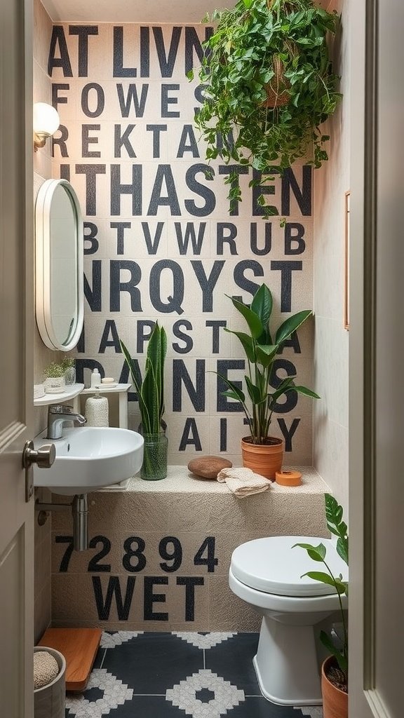 A stylish half bathroom featuring plants, decorative elements, and unique wall design.