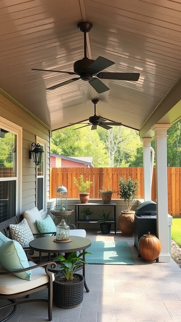 A stylish patio area featuring outdoor ceiling fans and cozy seating.