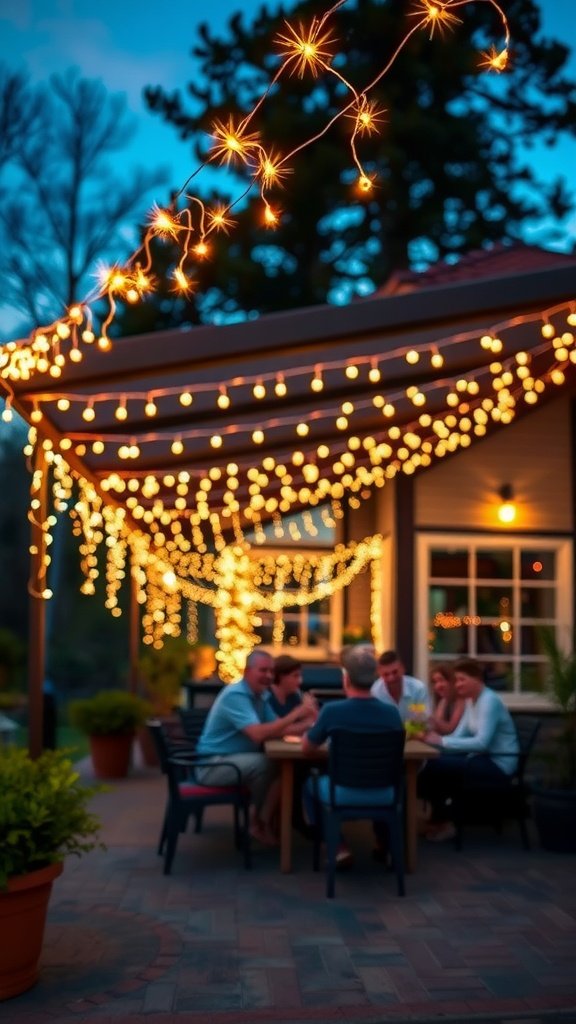 Outdoor setting with fairy lights illuminating a cozy gathering.
