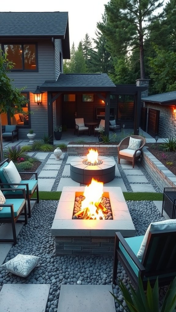 A cozy outdoor fire pit surrounded by seating in a modern front yard.