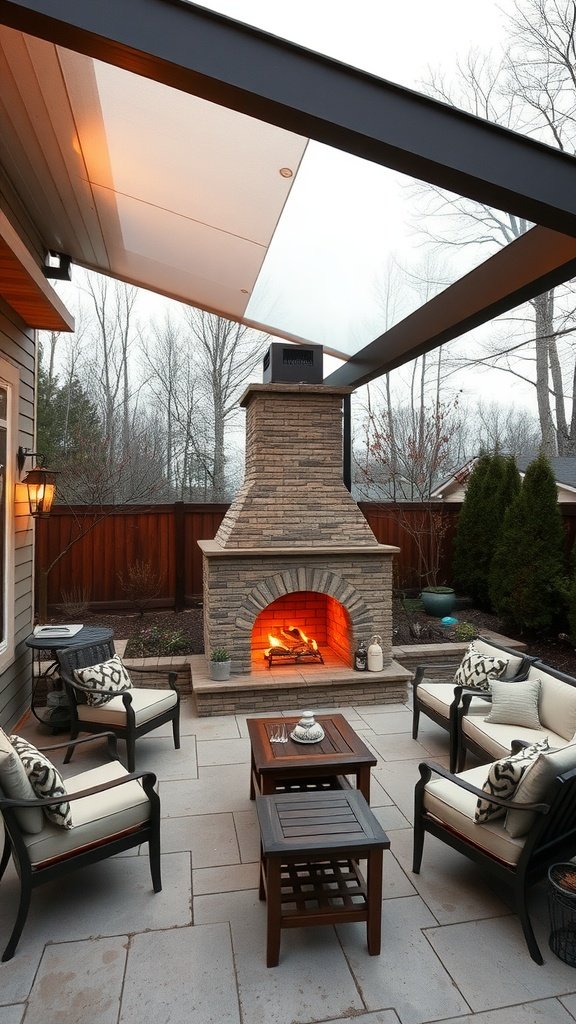 A cozy outdoor patio featuring a large stone fireplace, comfortable seating, and a roof extension.