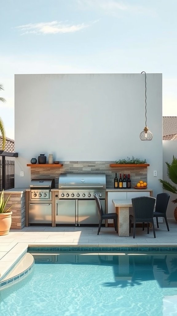 Outdoor kitchen by the pool featuring a grill and dining area.