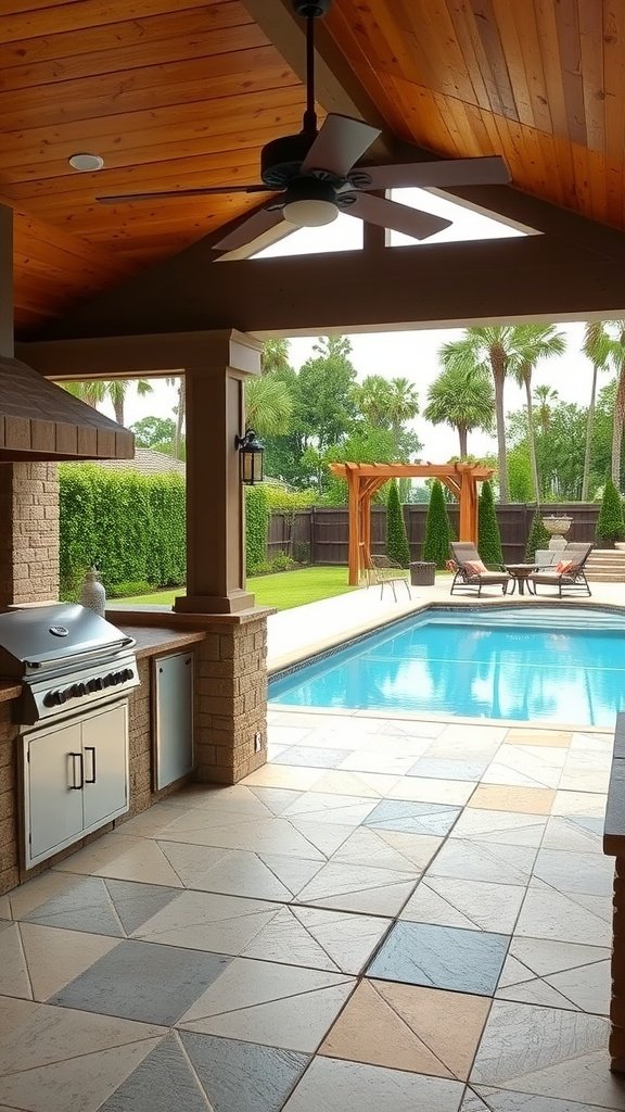Outdoor kitchen with a grill and a swimming pool in the background.