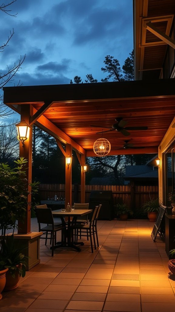 Cozy patio with lights and outdoor furniture