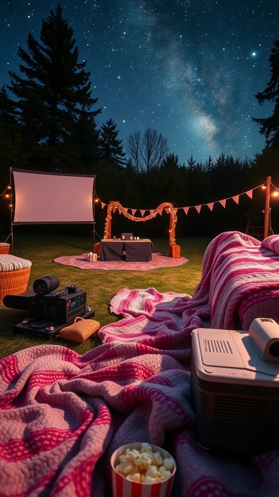 A cozy outdoor movie setup with blankets, a projector, and a popcorn bowl under a starry sky.