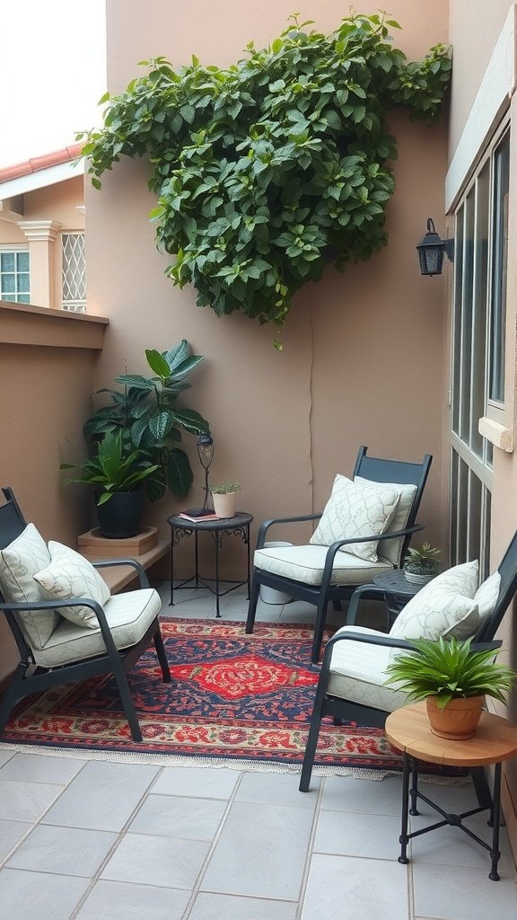 A cozy small patio with two chairs, a table, and a decorative outdoor rug surrounded by greenery.