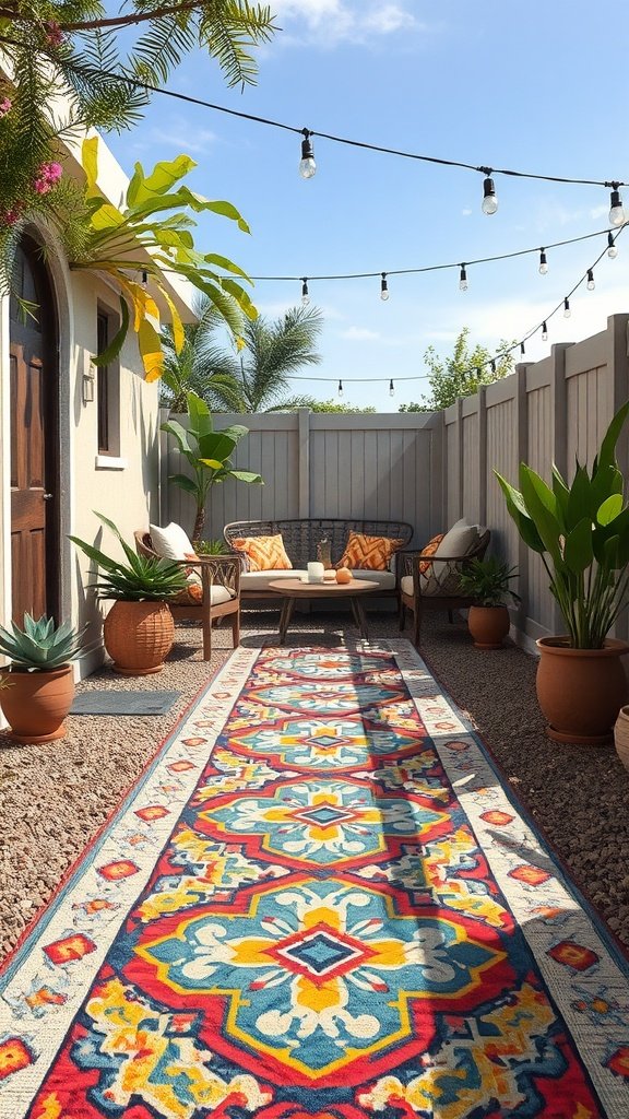 A vibrant outdoor rug pathway leading to a cozy seating area surrounded by plants and lights.