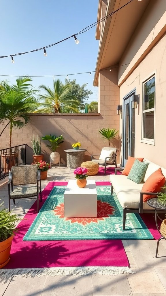 A cozy patio area with colorful outdoor rugs, chairs, and plants.