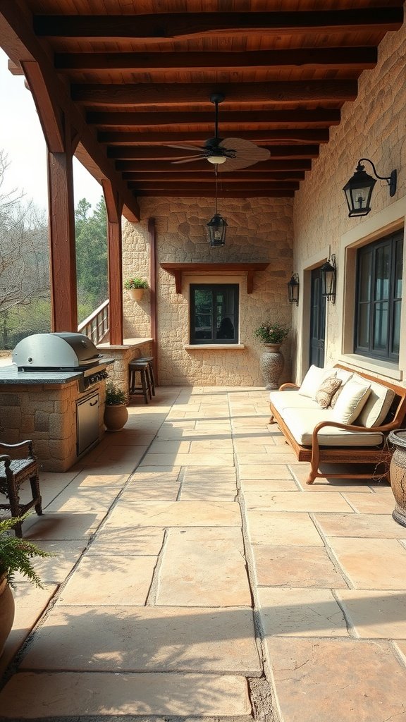 A spacious patio with stone tile flooring, featuring a grill and seating area under a wooden structure.