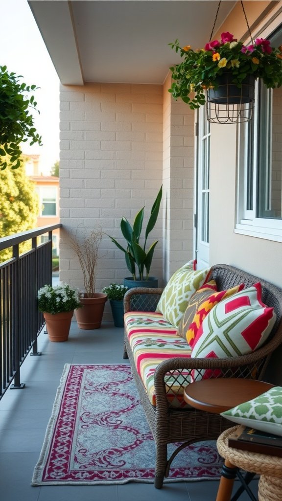A cozy small balcony with colorful outdoor throw pillows and plants.