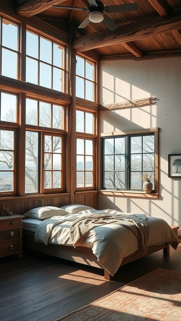 A rustic bedroom featuring large windows, wooden decor, and natural light streaming in.