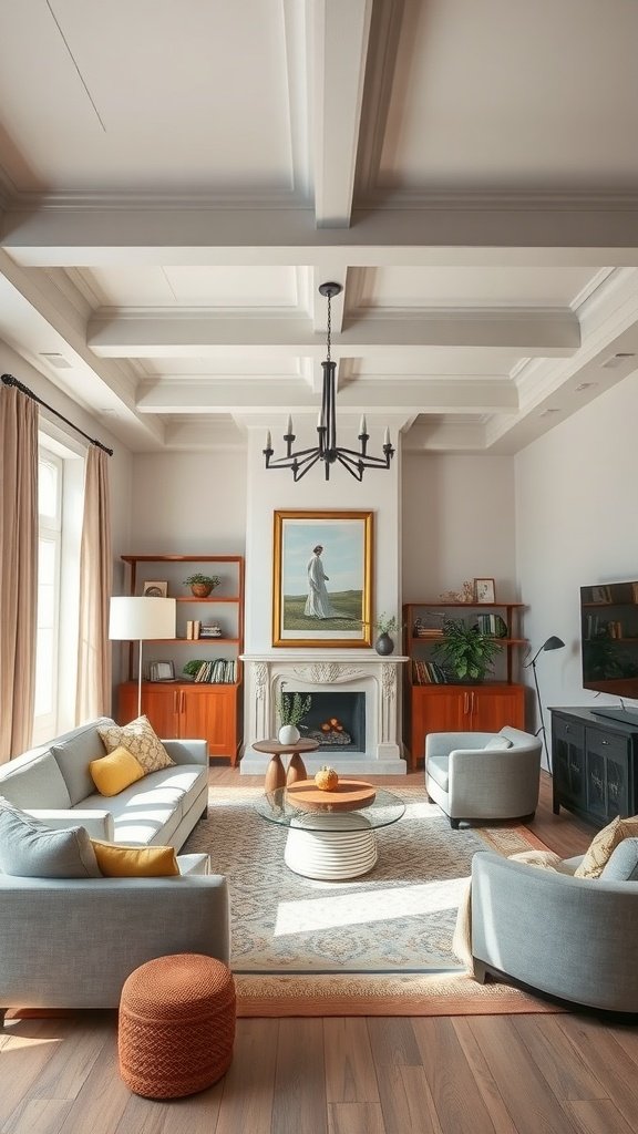 A living room featuring painted ceiling beams, stylish furniture, and a cozy atmosphere.