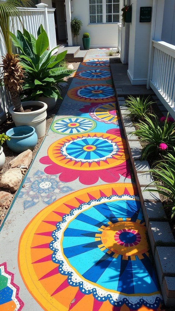 Colorful painted concrete walkway with geometric designs.