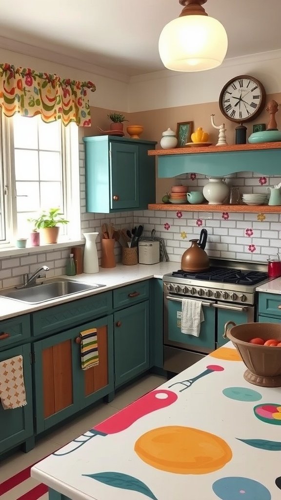 A kitchen featuring a red painted countertop with playful text and natural accents.