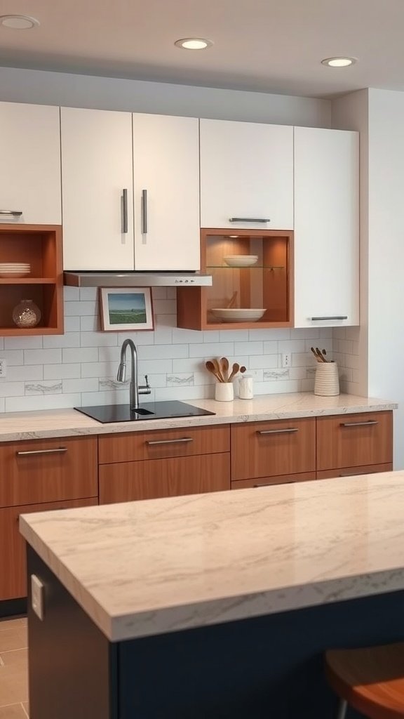 A modern kitchen featuring tan lower cabinets and white upper cabinets with a beautiful countertop.