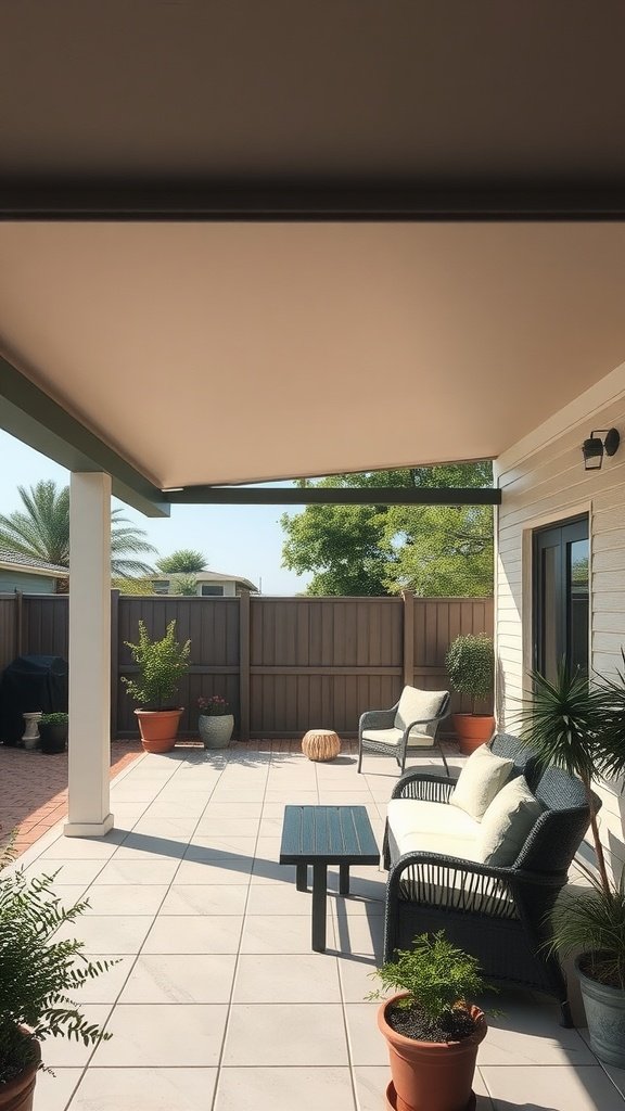 A cozy patio with a partial roof extension, featuring potted plants and comfortable seating.
