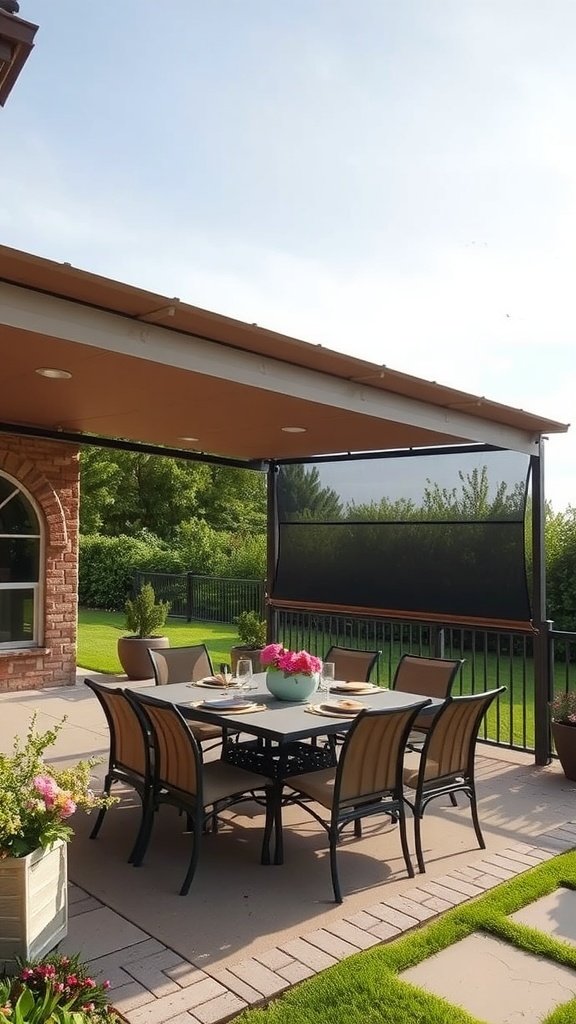 A patio with an awning and built-in screens, showcasing a dining table surrounded by flowers.