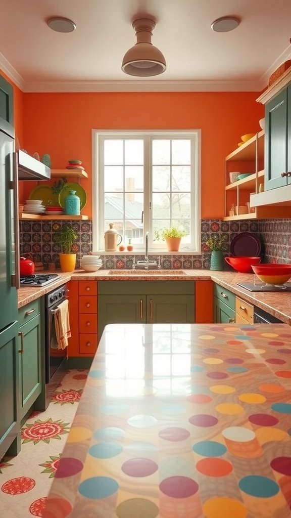 A colorful kitchen with patterned laminate countertops and vibrant decor.