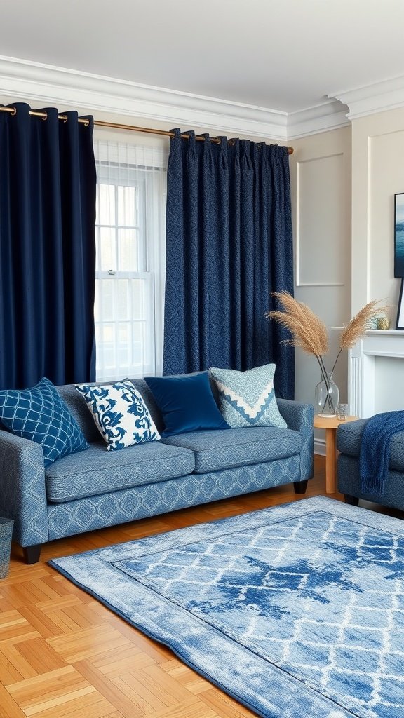 A navy blue living room featuring a navy sofa, patterned pillows, and matching curtains.