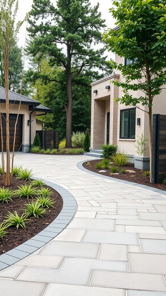 A modern paved driveway and walkway with a stylish design and surrounding greenery.