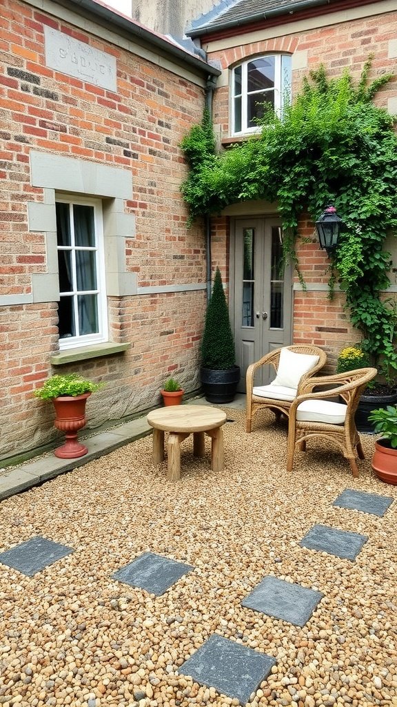 A cozy patio area with pea gravel surface, surrounded by plants and seating.