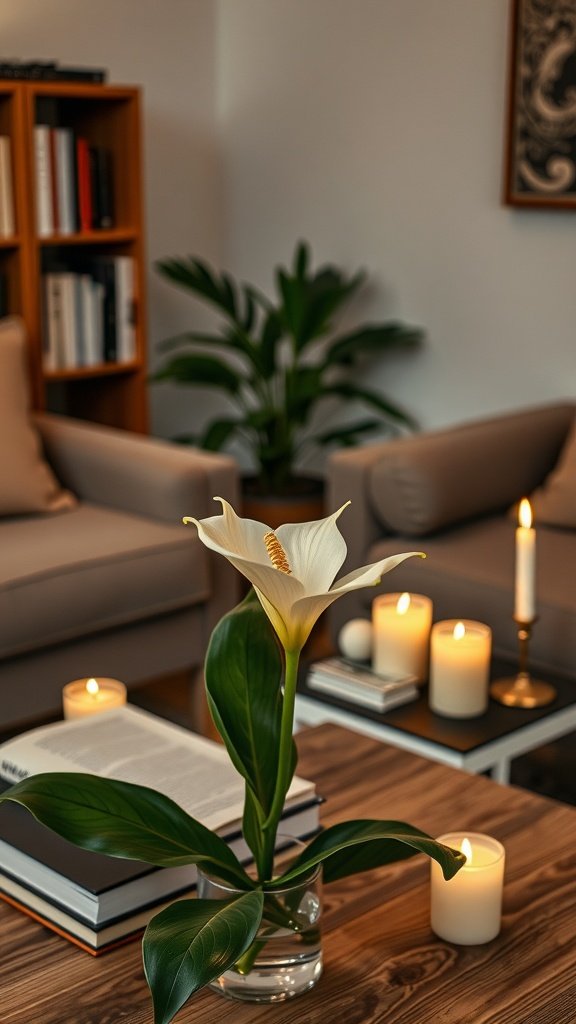 A Peace Lily plant in a cozy living room setting with candles and books.