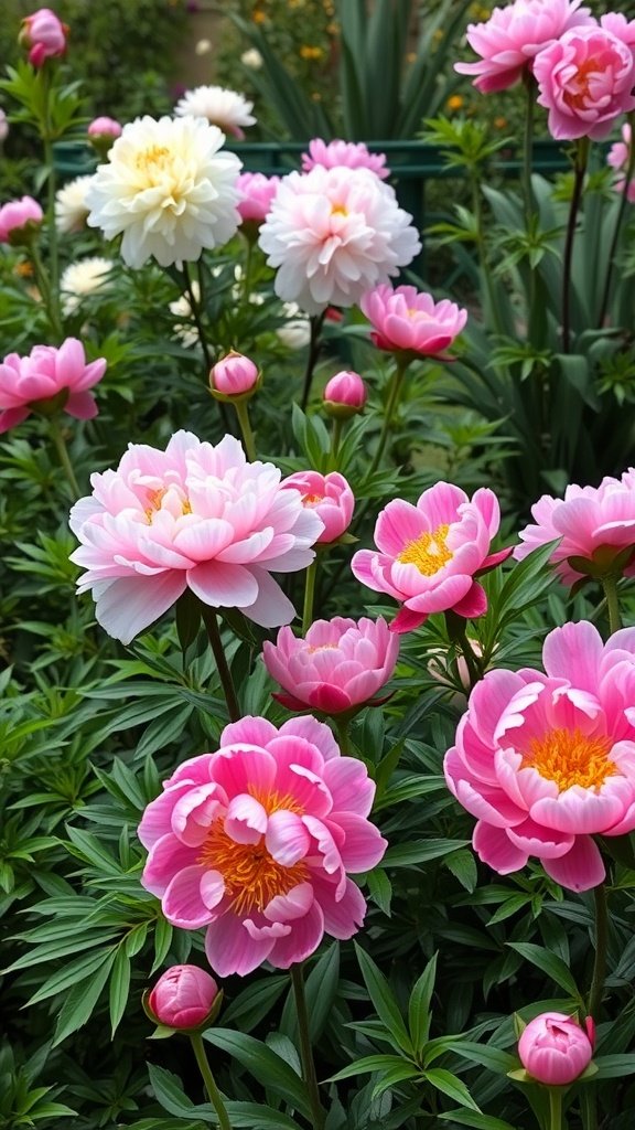Colorful peonies in a garden